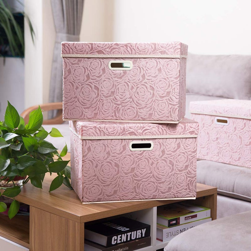 PRANDOM Larger Collapsible Storage Bin with Lid [1-Pack] Fabric Decorative Storage Box Cube Organizer Container Baskes with Handles Divider for Bedroom Closet Living Room Pink 17.7x11.8x11.8 Inch - Image 2